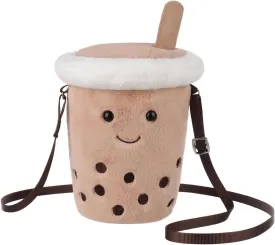Apricot Lamb Boba Tea Shaped Crossbody Plush Purse for Toddlers and Teen Girls, Stuffed Animal Shoulder Bag, Kids Fashion Handbags