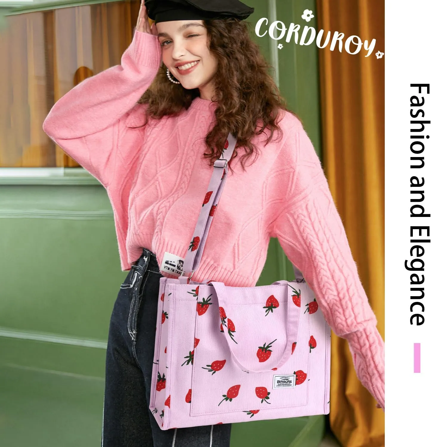 BINSUNS Corduroy Tote Bag for Women Small Satchel Bag Mini Tote Bag Aesthetic Crossbody Handbag - School Work Travel Shopping