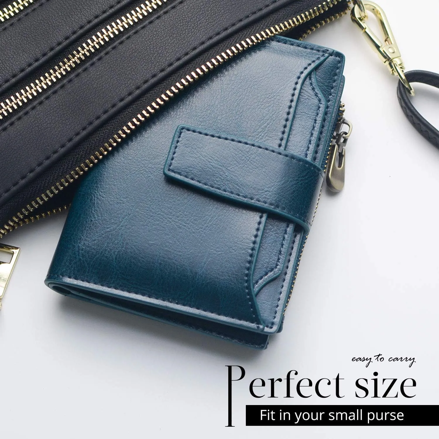 Bveyzi Women's Small Leather RFID Blocking Bifold Zipper Pocket Wallet Ladies Credit Card Slots Purse with id Window