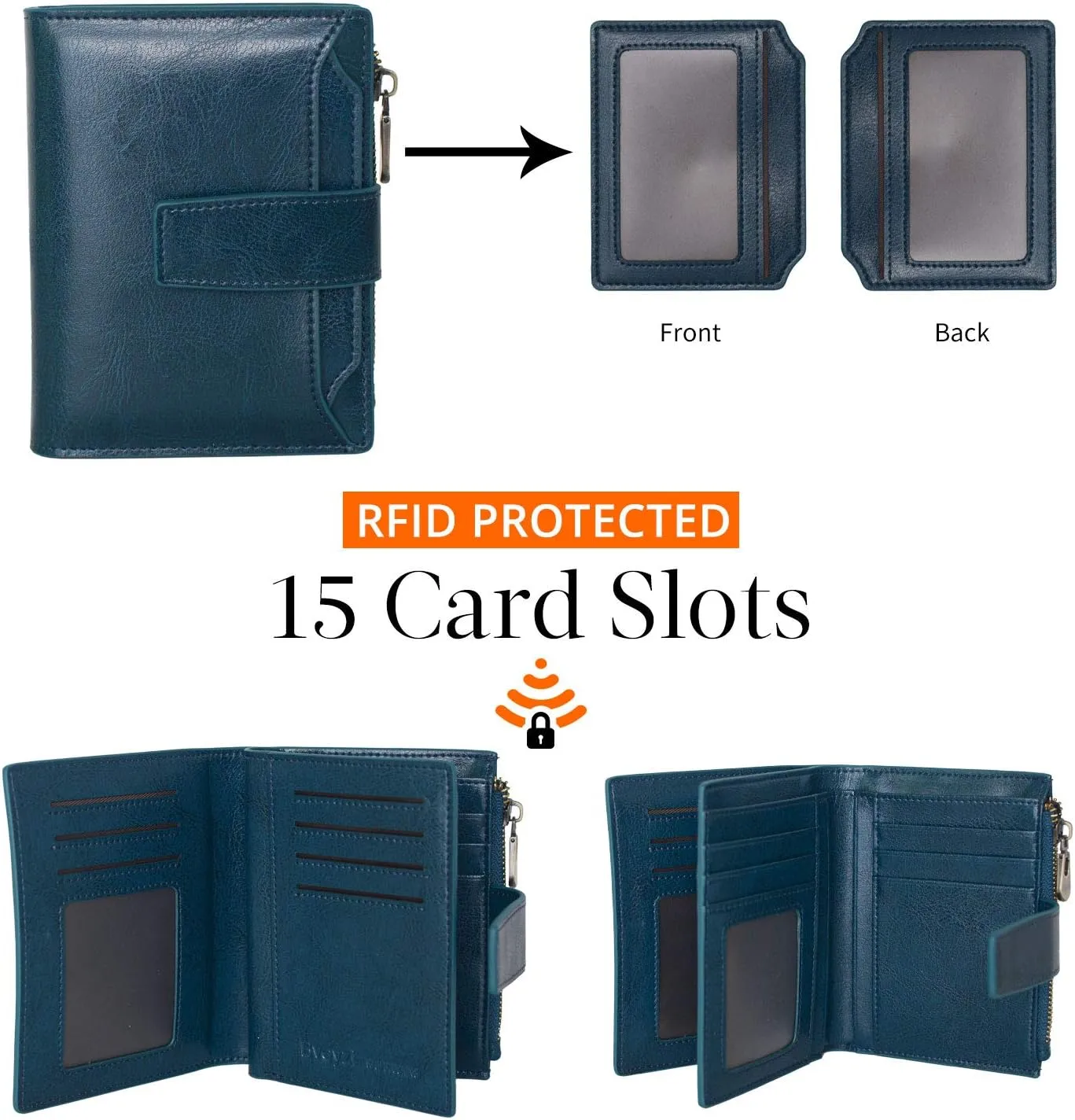 Bveyzi Women's Small Leather RFID Blocking Bifold Zipper Pocket Wallet Ladies Credit Card Slots Purse with id Window