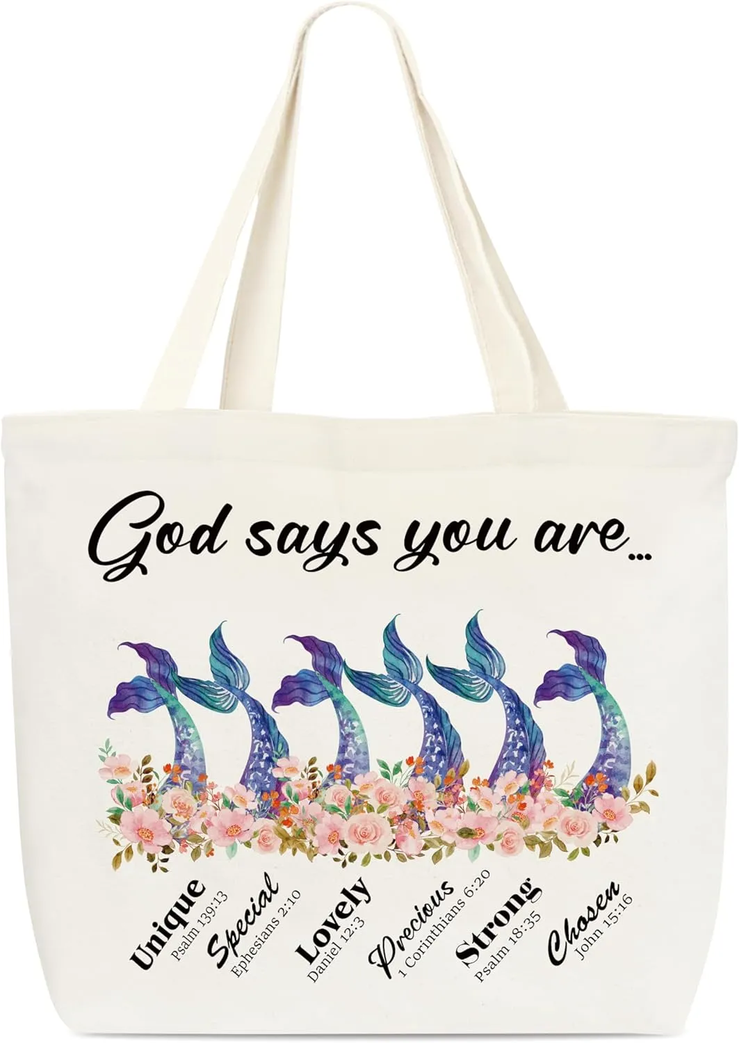 Canvas Tote Bag, Mermaid Aesthetic Tote Bag, Appreciation Gift, Inspirational Christian Tote Bag, Floral Tote, Reusable Grocery Shopping Bag, Library Shoulder Bag For Bride Women Sister Friends C(27)