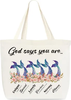 Canvas Tote Bag, Mermaid Aesthetic Tote Bag, Appreciation Gift, Inspirational Christian Tote Bag, Floral Tote, Reusable Grocery Shopping Bag, Library Shoulder Bag For Bride Women Sister Friends C(27)
