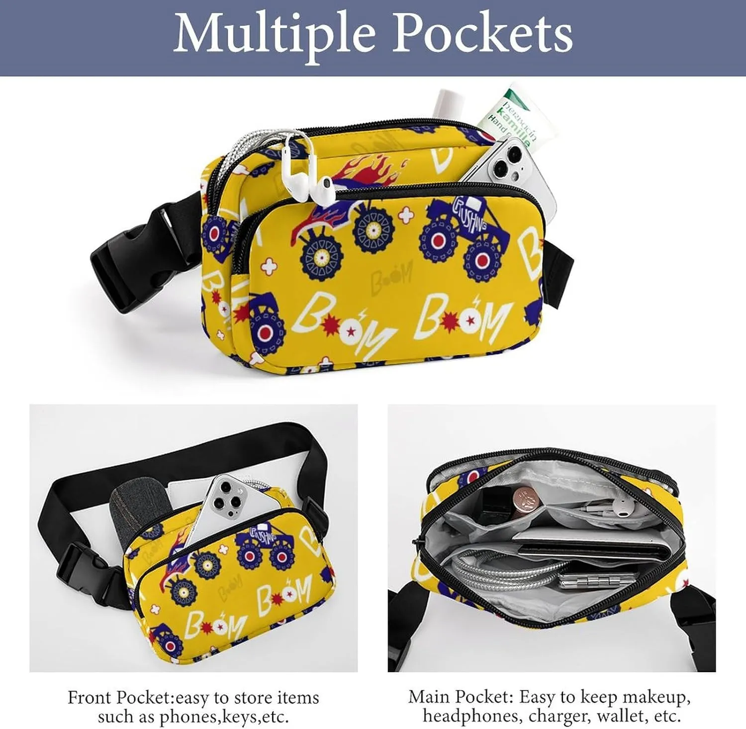 Cartoon Monster Truck Cars Belt Bag Fanny Pack Crossbody Yellow Color Fashion Waist Packs With Adjustable Strap For Men Women Travel Hiking Cycling Running