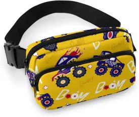 Cartoon Monster Truck Cars Belt Bag Fanny Pack Crossbody Yellow Color Fashion Waist Packs With Adjustable Strap For Men Women Travel Hiking Cycling Running