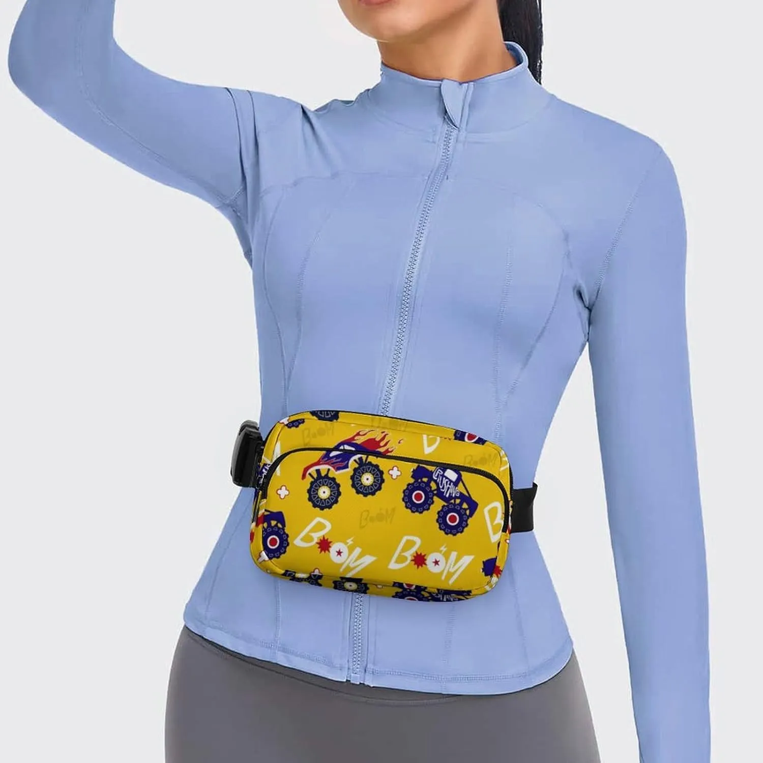 Cartoon Monster Truck Cars Belt Bag Fanny Pack Crossbody Yellow Color Fashion Waist Packs With Adjustable Strap For Men Women Travel Hiking Cycling Running