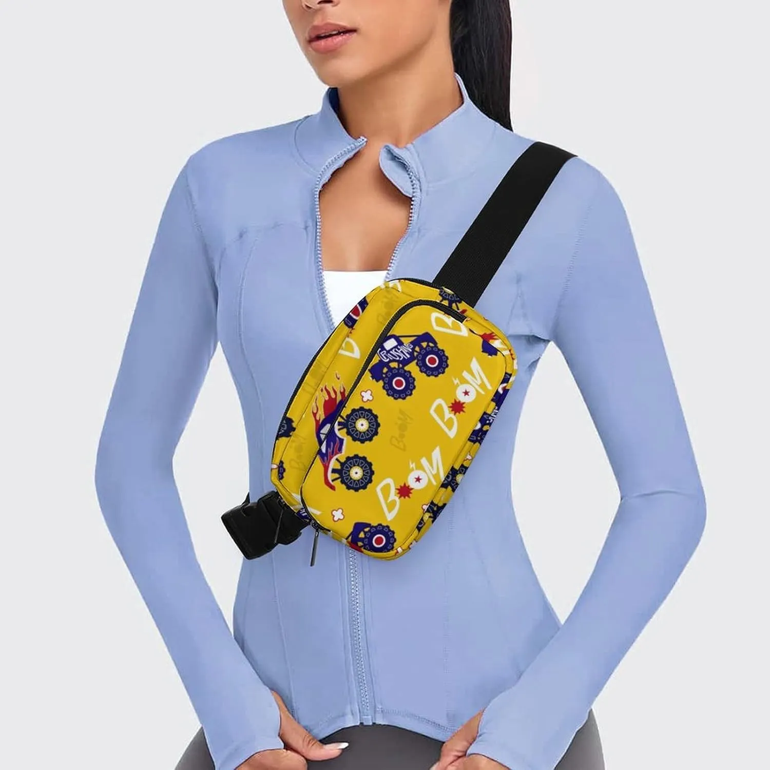 Cartoon Monster Truck Cars Belt Bag Fanny Pack Crossbody Yellow Color Fashion Waist Packs With Adjustable Strap For Men Women Travel Hiking Cycling Running
