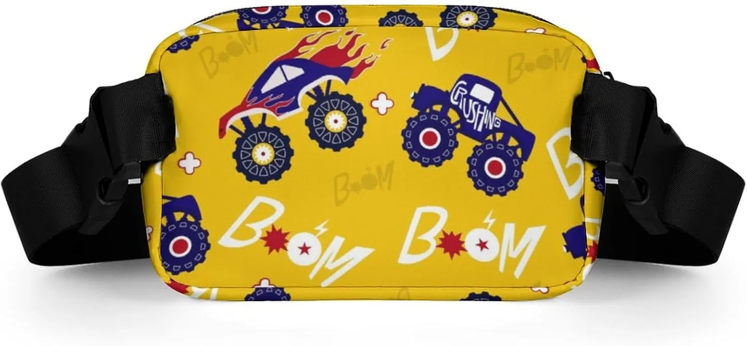 Cartoon Monster Truck Cars Belt Bag Fanny Pack Crossbody Yellow Color Fashion Waist Packs With Adjustable Strap For Men Women Travel Hiking Cycling Running