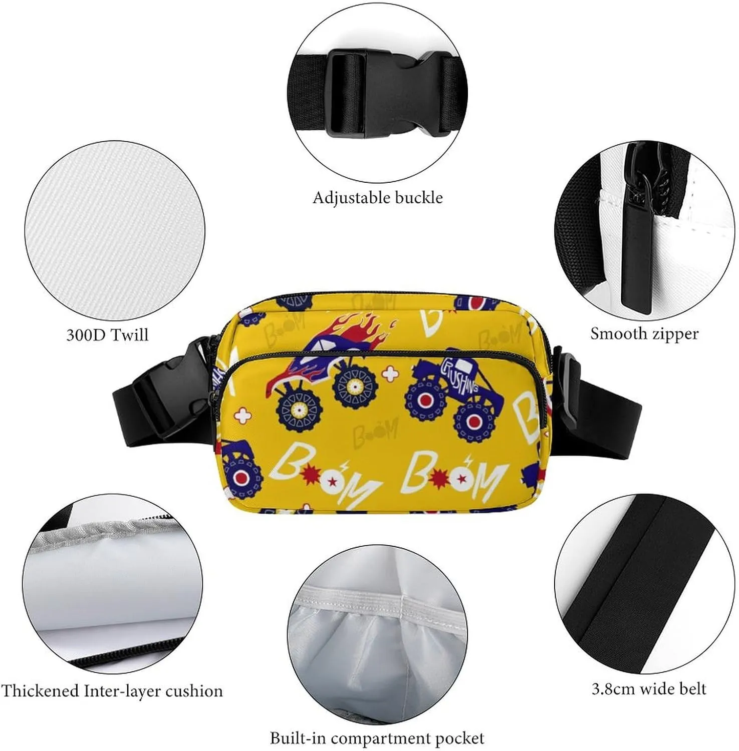 Cartoon Monster Truck Cars Belt Bag Fanny Pack Crossbody Yellow Color Fashion Waist Packs With Adjustable Strap For Men Women Travel Hiking Cycling Running