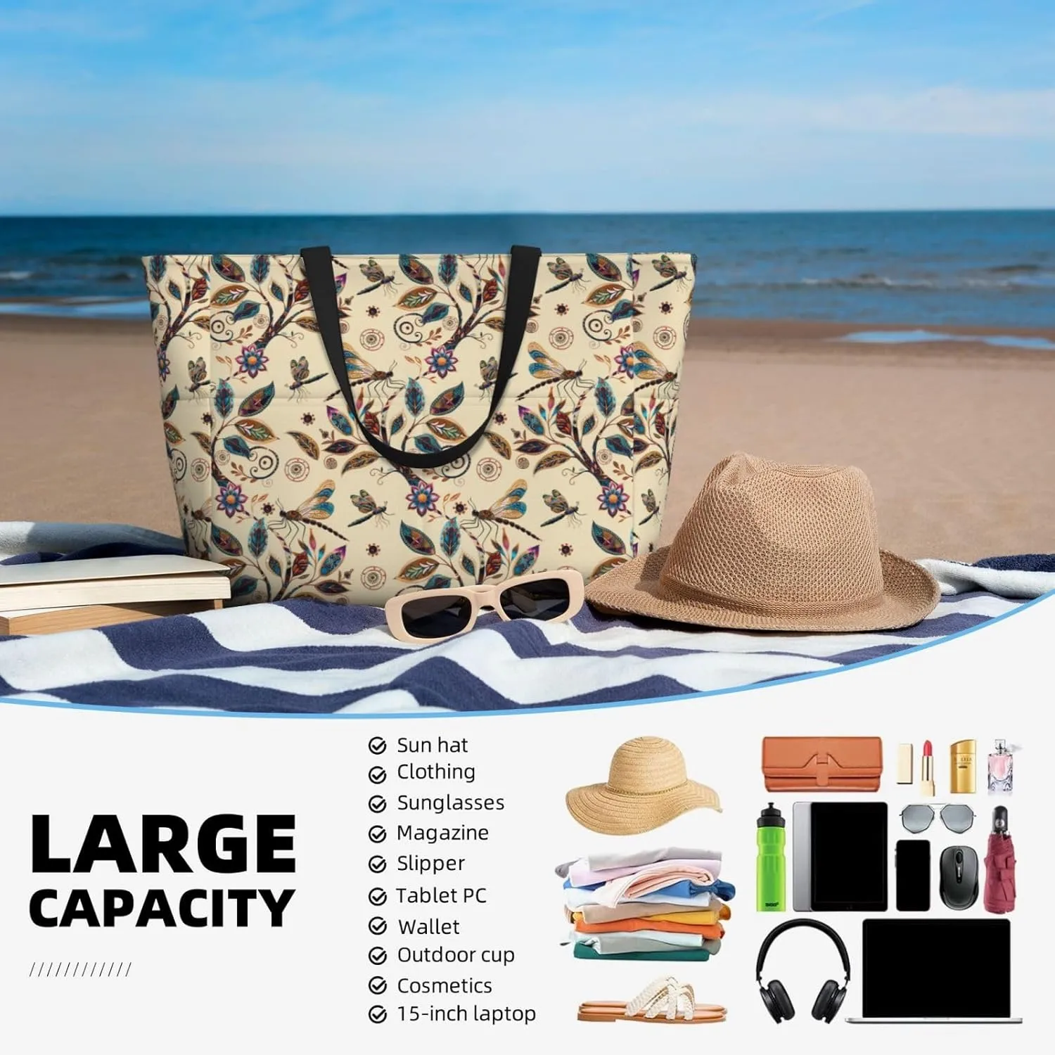 CHAOS MONKEY Women Large Beach Bag Sandproof Waterproof Travel Weekender Foldable Tote Bag for Pool Vacation Gym
