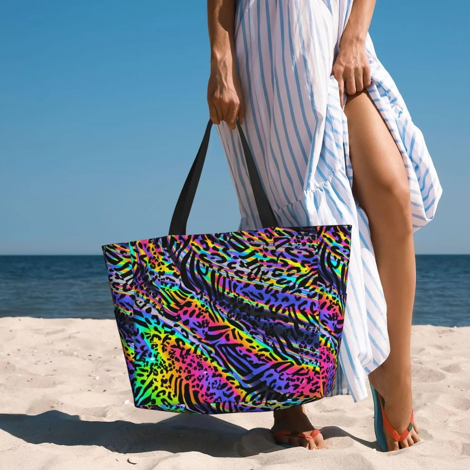 CHAOS MONKEY Women Large Beach Bag Sandproof Waterproof Travel Weekender Foldable Tote Bag for Pool Vacation Gym