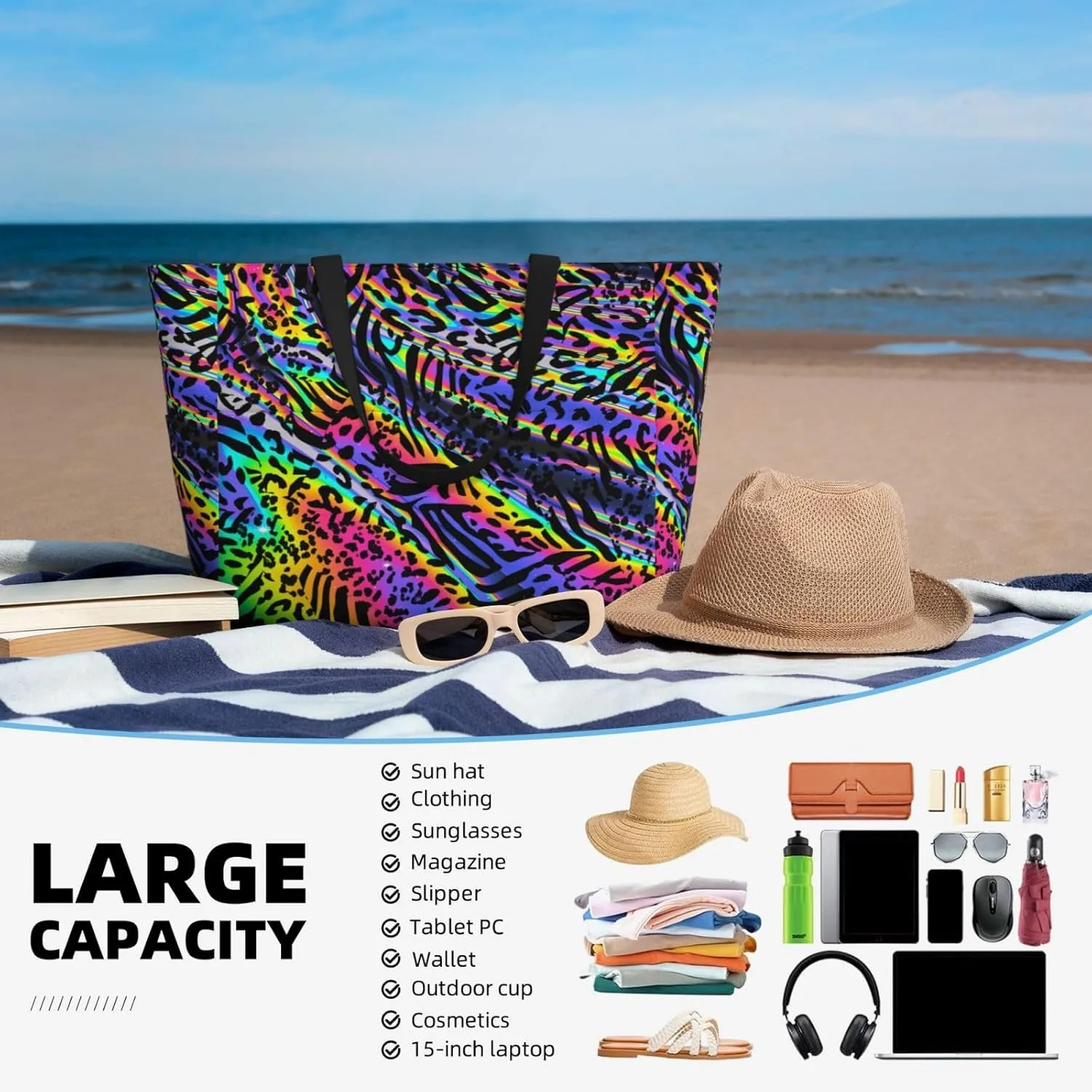 CHAOS MONKEY Women Large Beach Bag Sandproof Waterproof Travel Weekender Foldable Tote Bag for Pool Vacation Gym
