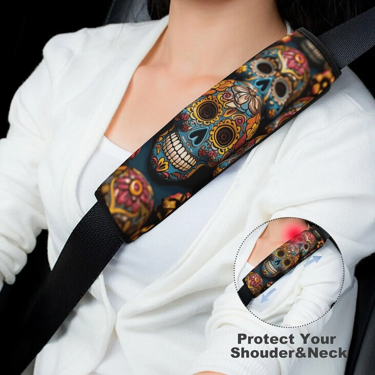 Colorful Sugar Skulls Auto Seat Belt Cover 2PCS Universal Car Seat Belt Shoulder Protector Pad, Protect Your Shoulders and Neck for Car Seat Belt, Shoulder Bag, Backpack