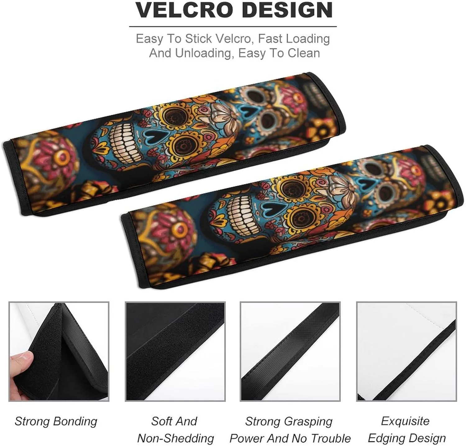 Colorful Sugar Skulls Auto Seat Belt Cover 2PCS Universal Car Seat Belt Shoulder Protector Pad, Protect Your Shoulders and Neck for Car Seat Belt, Shoulder Bag, Backpack
