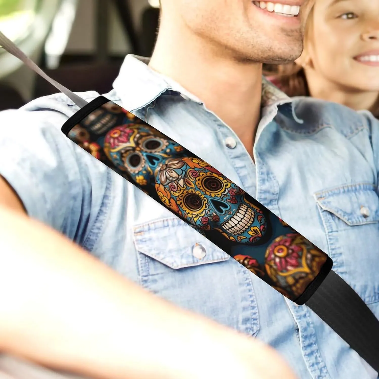 Colorful Sugar Skulls Auto Seat Belt Cover 2PCS Universal Car Seat Belt Shoulder Protector Pad, Protect Your Shoulders and Neck for Car Seat Belt, Shoulder Bag, Backpack