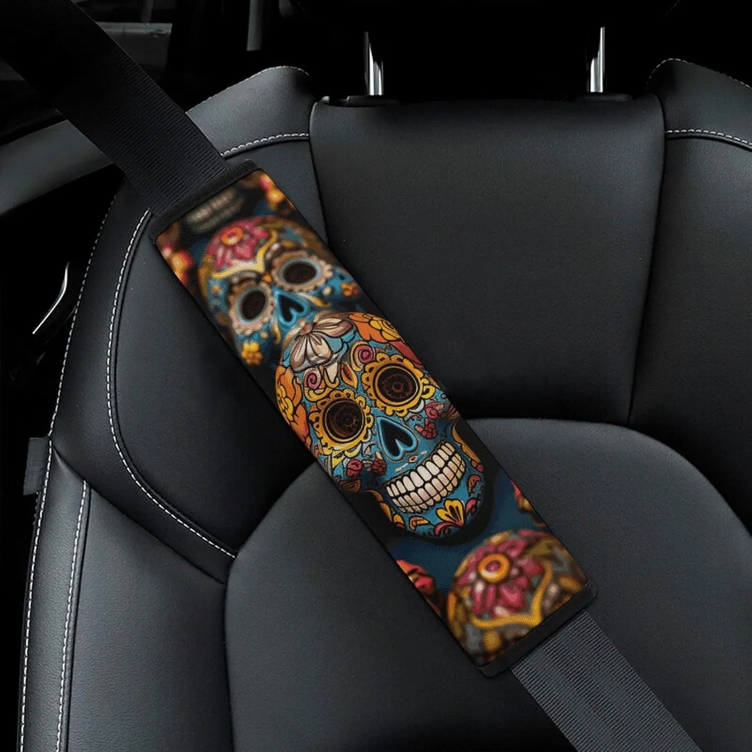Colorful Sugar Skulls Auto Seat Belt Cover 2PCS Universal Car Seat Belt Shoulder Protector Pad, Protect Your Shoulders and Neck for Car Seat Belt, Shoulder Bag, Backpack
