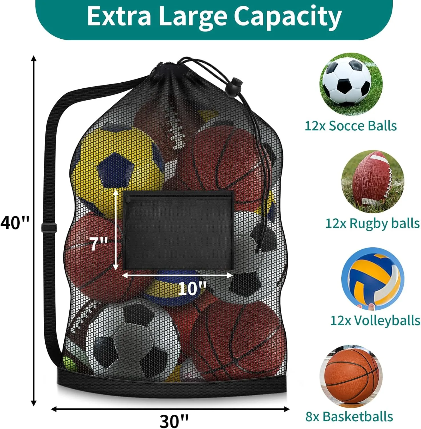 Extra Large Soccer Ball Bag, 40" x 30" Drawstring Mesh Ball Bag with Pocket, Heavy Duty Sport Net Sack for Coaches, Storage Bag for Basketball, Volleyball, Gym Equipment, Swimming Gear
