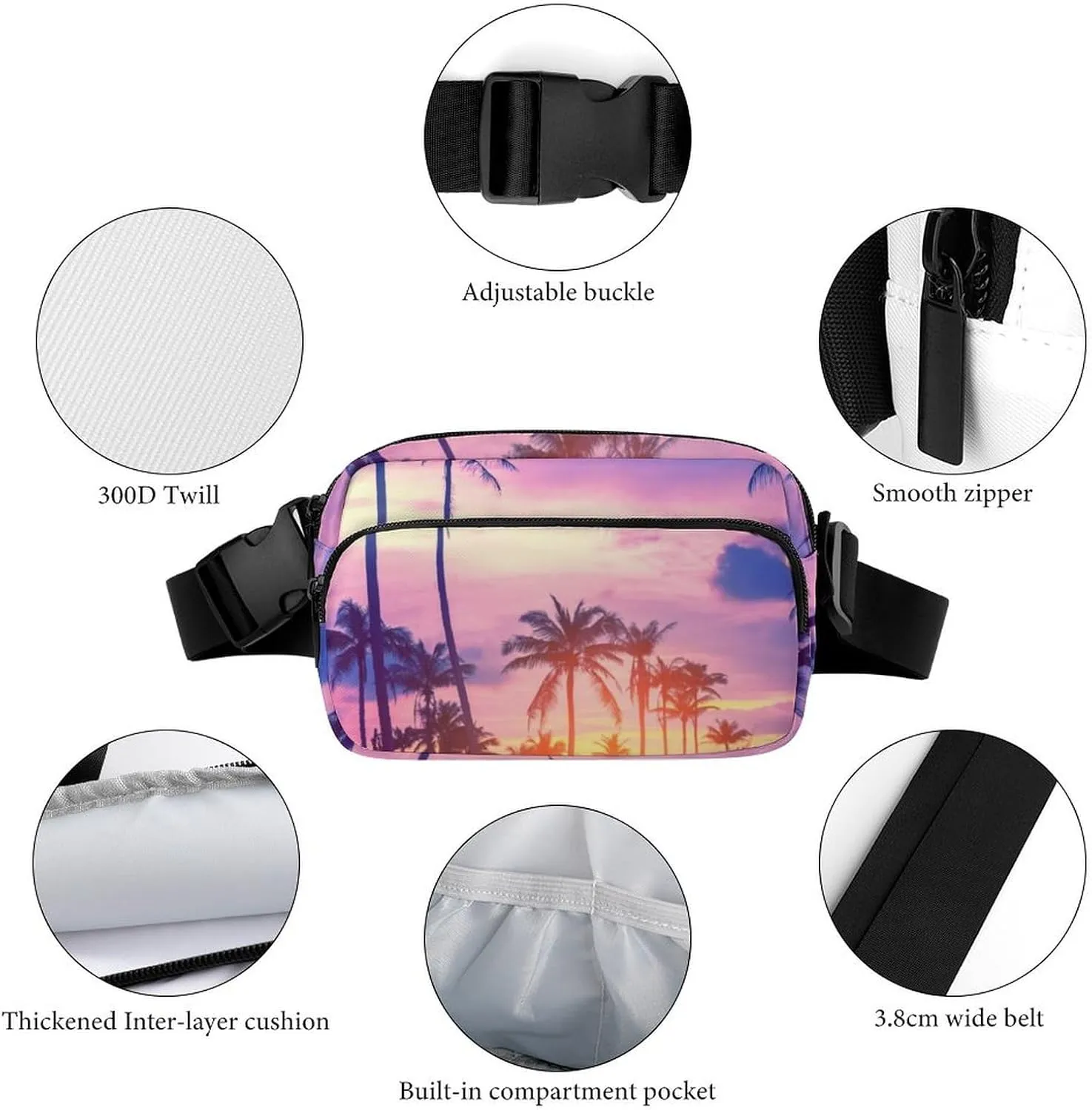 Fanny Pack for Women Men Tropical Palm Trees Belt Bag Sunset Sky Waist Pack Bum Bag for Running Cycling Hiking Travel Workout with Adjustable Strap