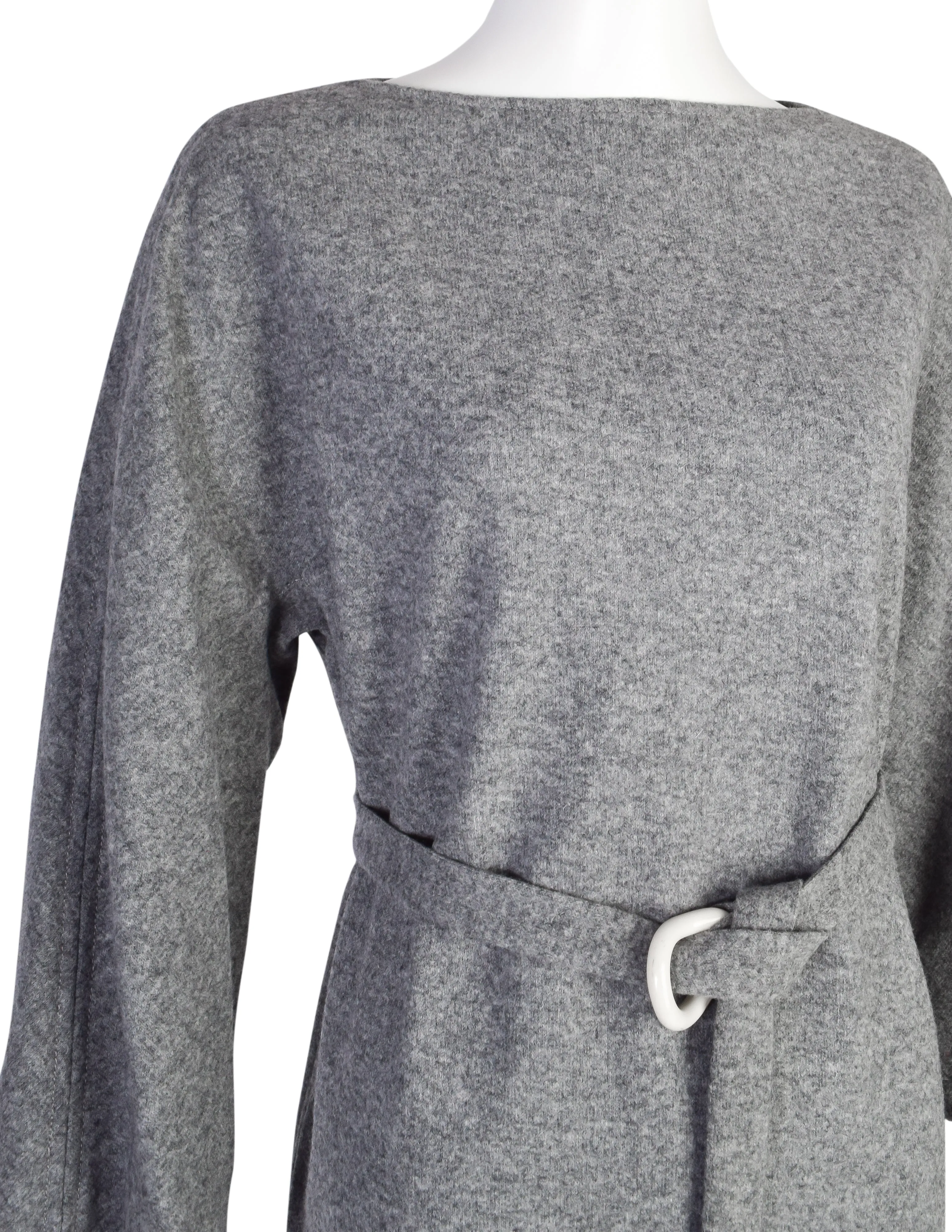 Halston Vintage 1970s Grey Melange Wool Belted Sack Dress