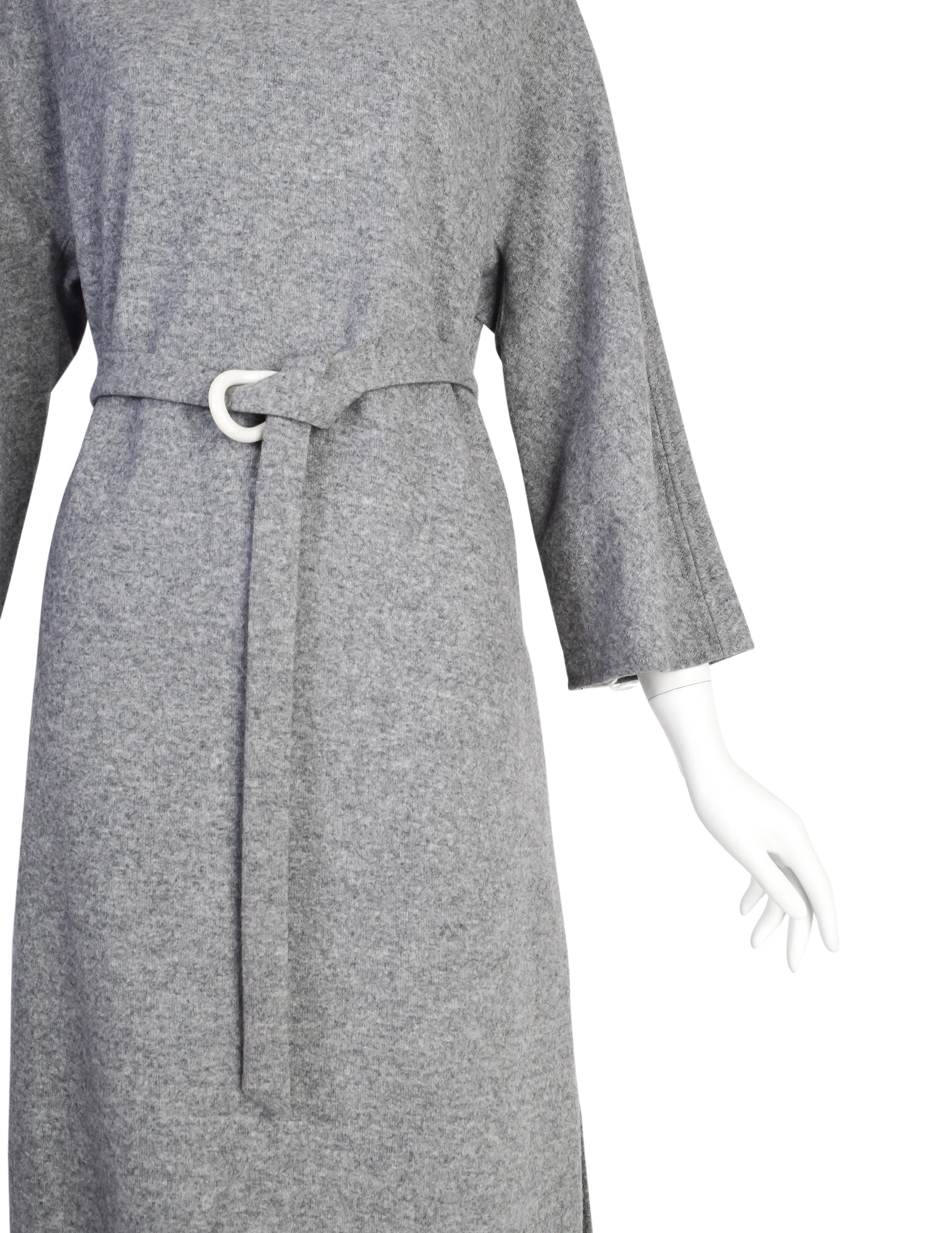 Halston Vintage 1970s Grey Melange Wool Belted Sack Dress