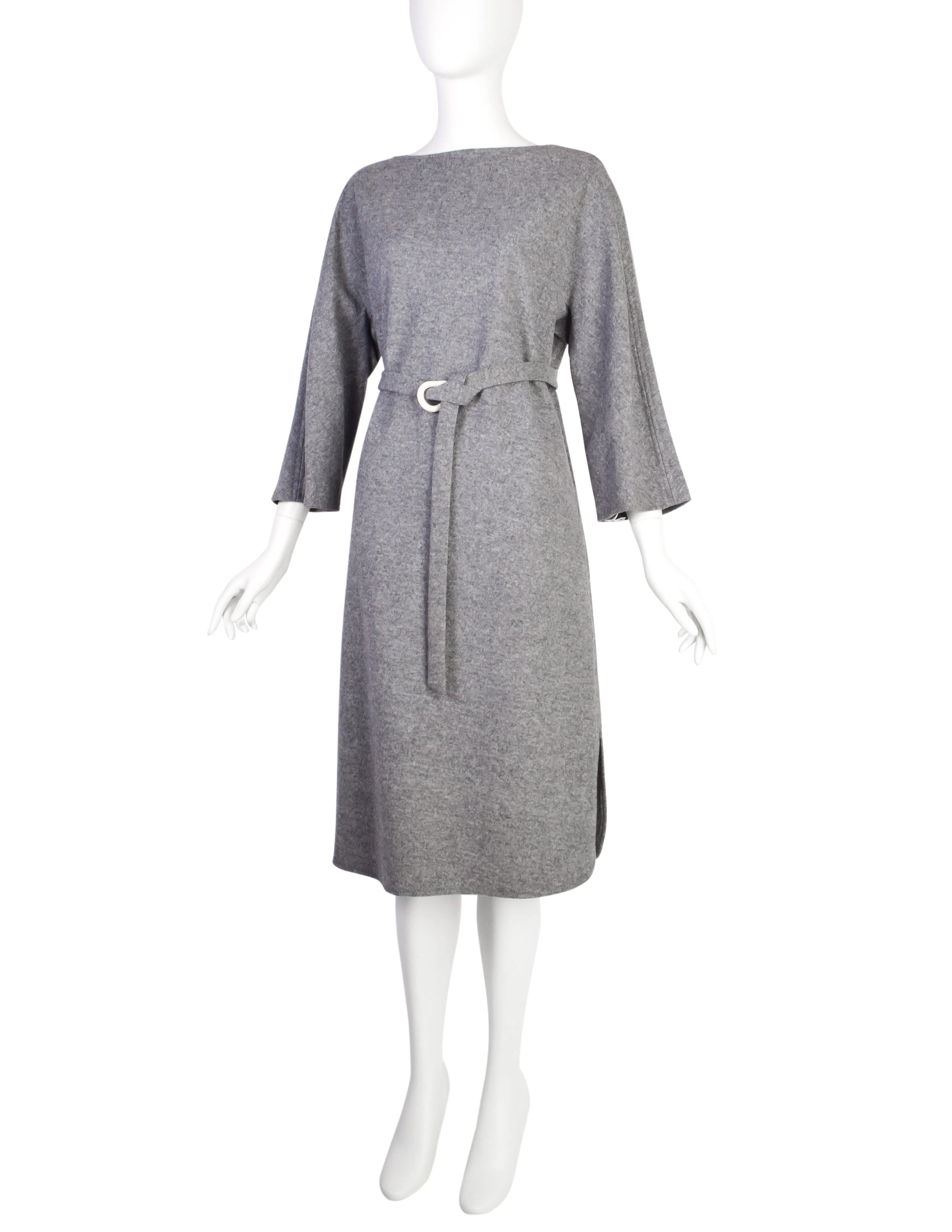 Halston Vintage 1970s Grey Melange Wool Belted Sack Dress