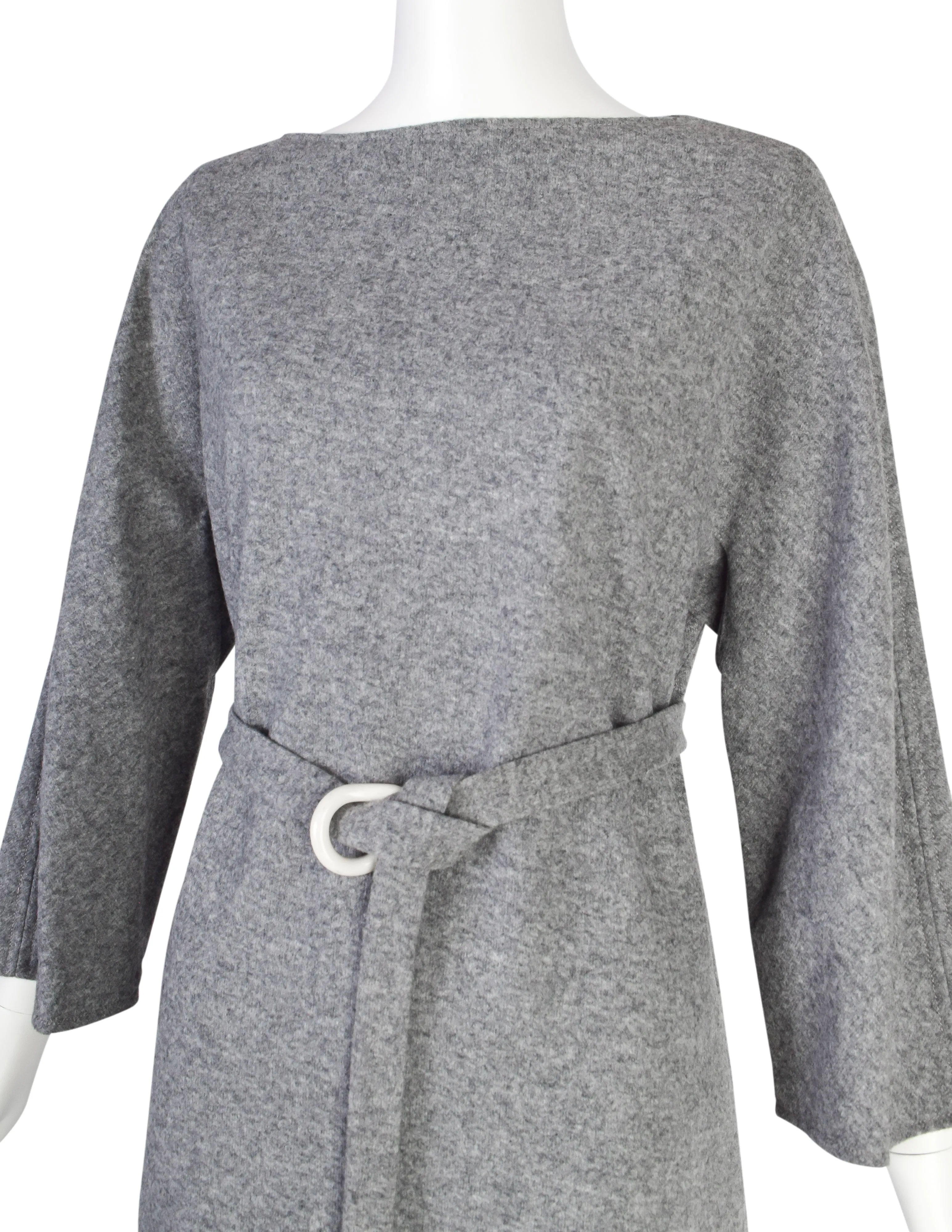 Halston Vintage 1970s Grey Melange Wool Belted Sack Dress
