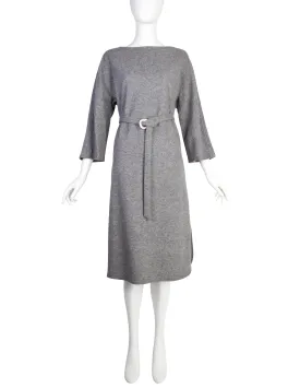 Halston Vintage 1970s Grey Melange Wool Belted Sack Dress
