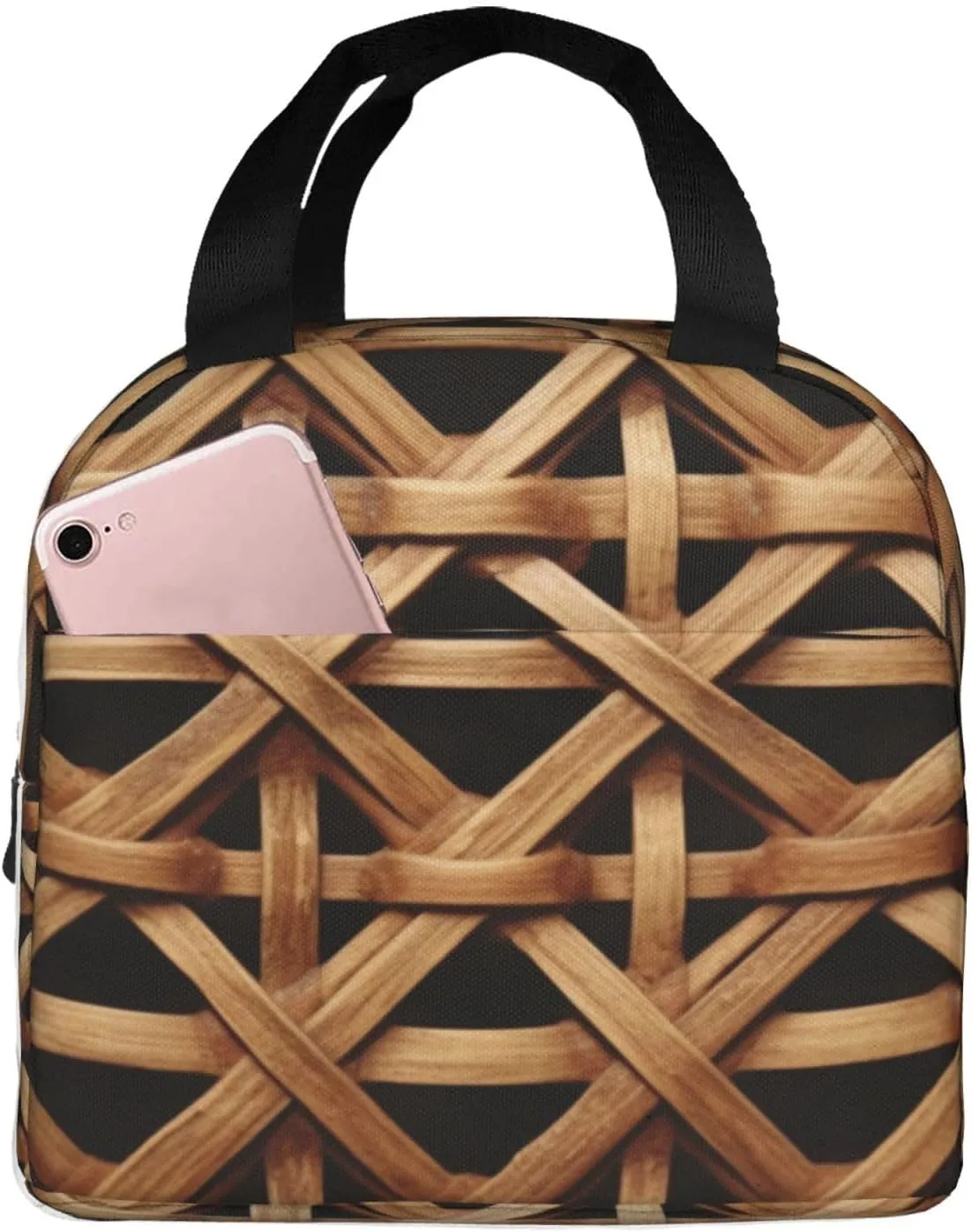 Insulated Lunch Box Wicker Woven Grid Lunch Bag for Women Men Cooler Bag Lunch Tote Bag for Picnic Work
