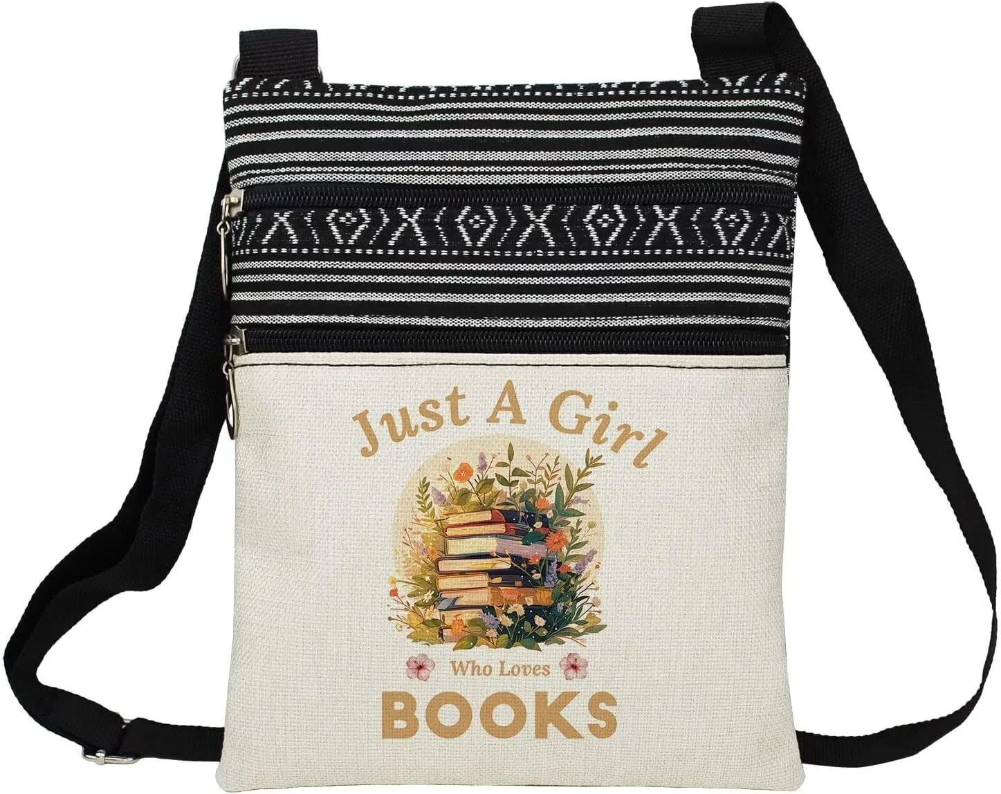 Just Love Books Messenger Bag Small Ethnic Pattern Printed Adjustable Strap Crossbody Zipper Bag Phone Bag Wallet Cute Shoulder Handbag for Book Lovers Bookworms Women