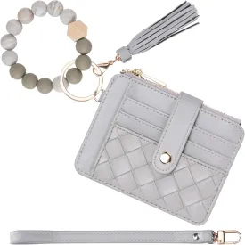 Keychain Wallet with Bracelet RFID Blocking Wristlet Credit Purse Card Holder, Silicone Bead Tassel Key Ring for Women