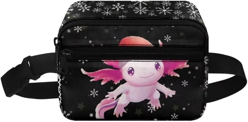 Kuiaobaty Axolotl Girls Sling Bag with Zipper Christmas Print Belt Bag for Party Plus Size Fanny Pack with Pockets Portable Waist Bag for Hiking Crossbody Bag for Kids Gift for Daughter