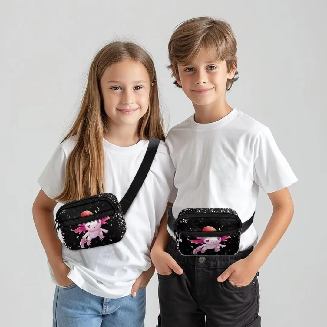 Kuiaobaty Axolotl Girls Sling Bag with Zipper Christmas Print Belt Bag for Party Plus Size Fanny Pack with Pockets Portable Waist Bag for Hiking Crossbody Bag for Kids Gift for Daughter