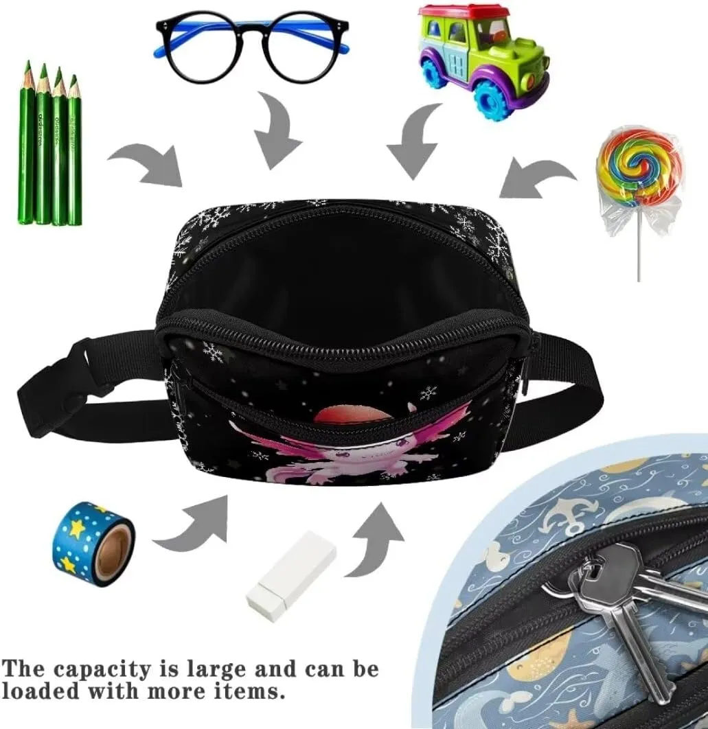 Kuiaobaty Axolotl Girls Sling Bag with Zipper Christmas Print Belt Bag for Party Plus Size Fanny Pack with Pockets Portable Waist Bag for Hiking Crossbody Bag for Kids Gift for Daughter