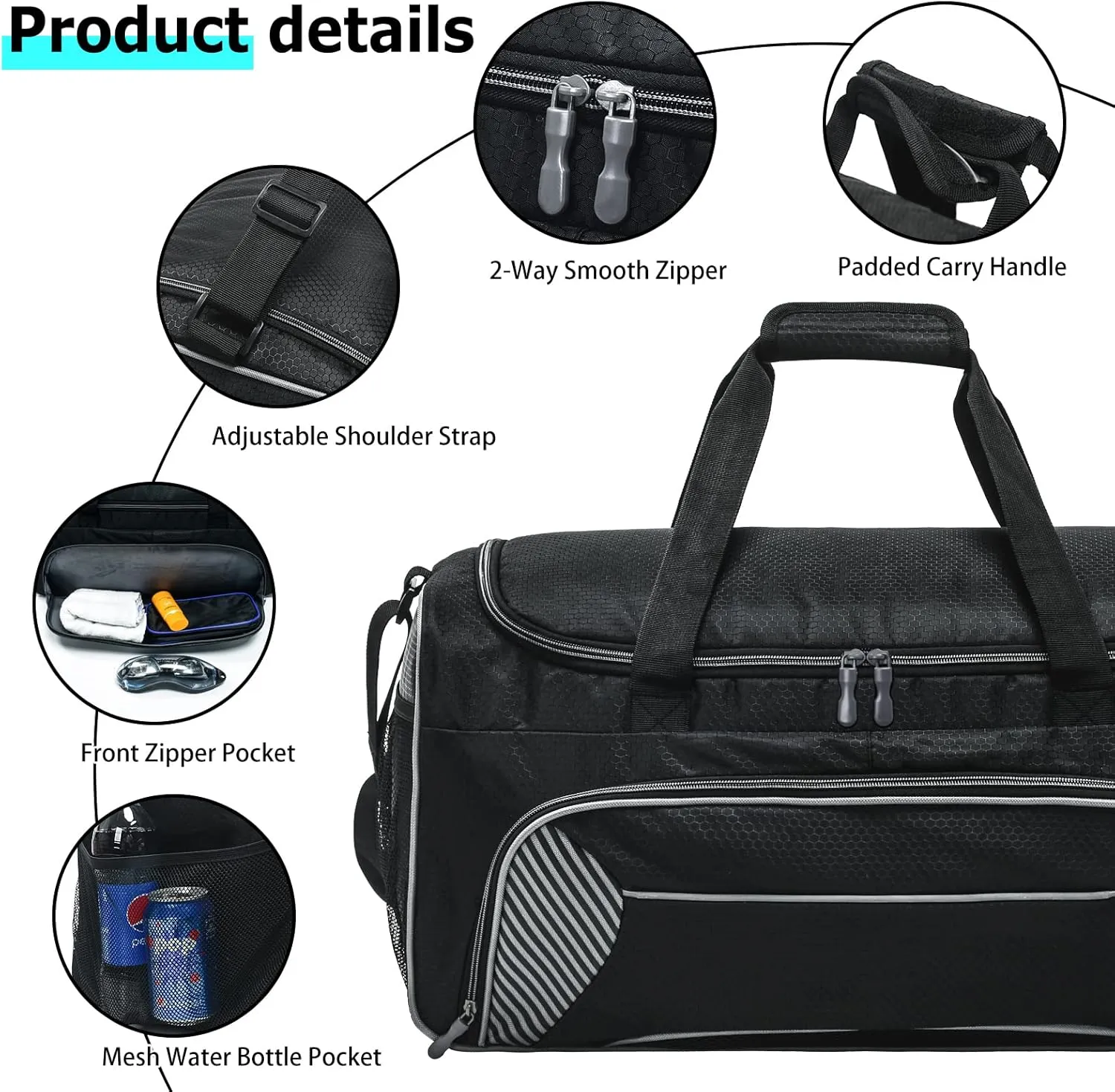 Mens Gym Bag 21 inch Large Overnight Weekender Duffle Bag for Travel Sport-Black/Grey