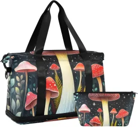 Night Woodland Mushrooms Gym Bag for Women Sport Travel Duffel Bag Shoulder Weekender Overnight Bags with Wet Pocket & Shoe Compartment