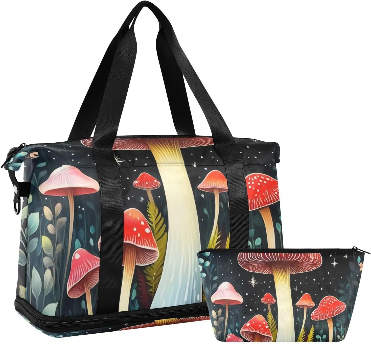 Night Woodland Mushrooms Gym Bag for Women Sport Travel Duffel Bag Shoulder Weekender Overnight Bags with Wet Pocket & Shoe Compartment