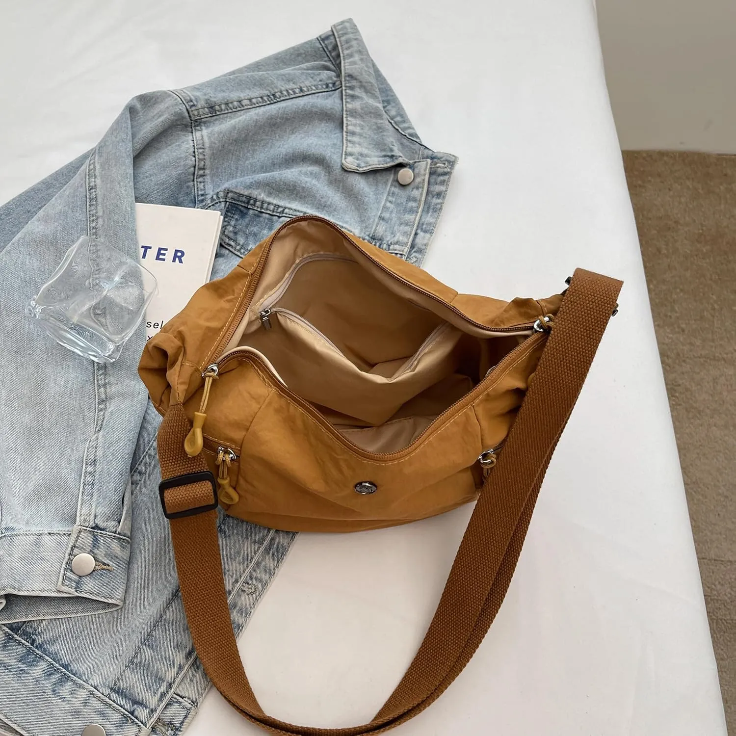 Nylon Crossbody Bag for Women, Lightweight Shoulder Purse with Zipper, Trendy Crescent Sling Bag with Adjustable Stap