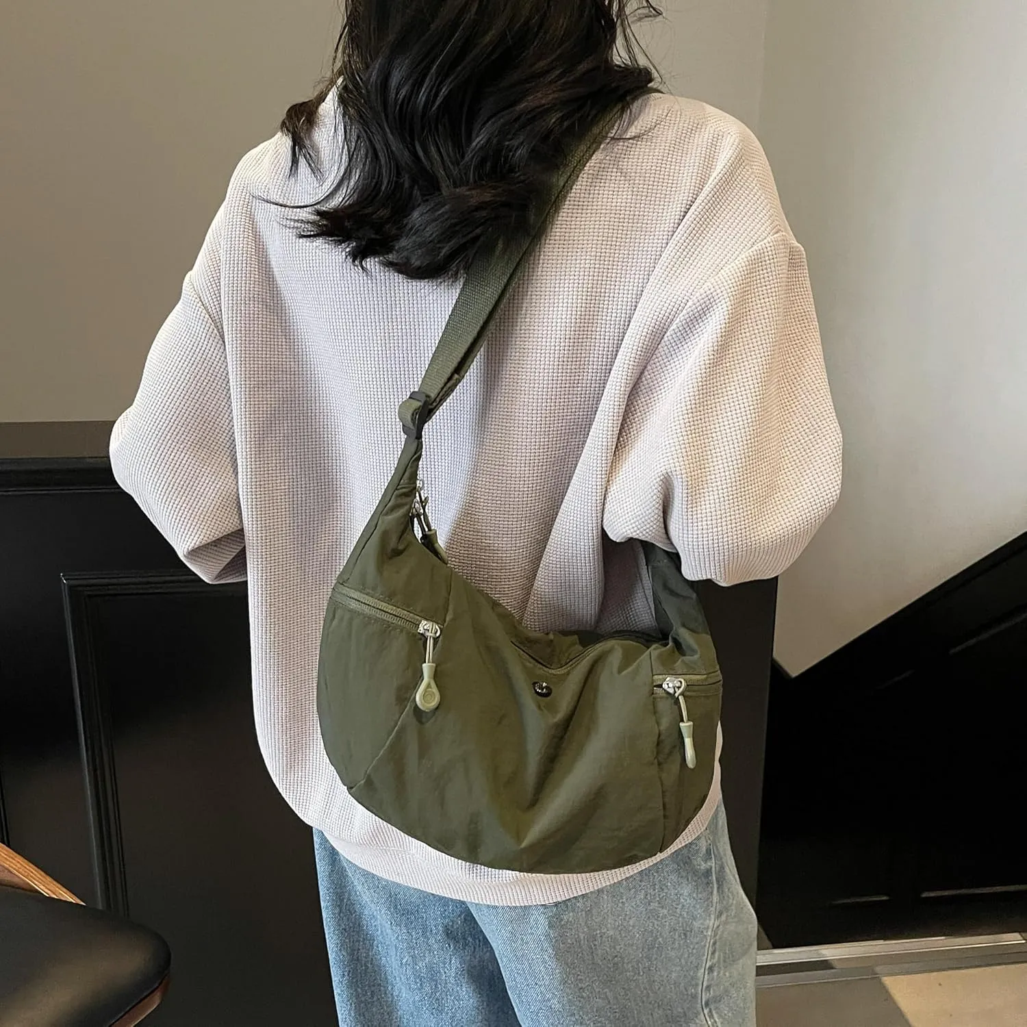 Nylon Crossbody Bag for Women, Lightweight Shoulder Purse with Zipper, Trendy Crescent Sling Bag with Adjustable Stap