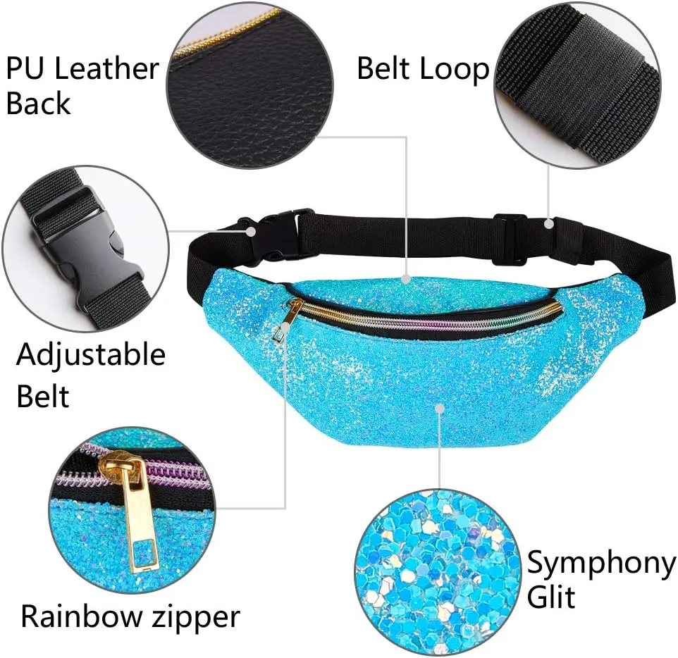 QtGirl Fanny Pack for Kids, Glitter Waist Bag Shiny Bags with Adjustable Belt for Children Sport Running, Camping, Trip