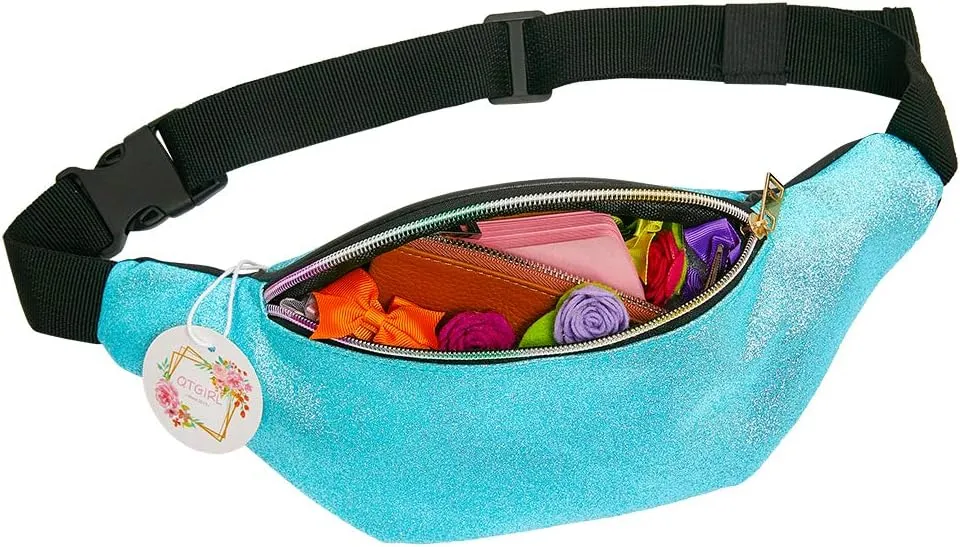 QtGirl Fanny Pack for Kids, Glitter Waist Bag Shiny Bags with Adjustable Belt for Children Sport Running, Camping, Trip
