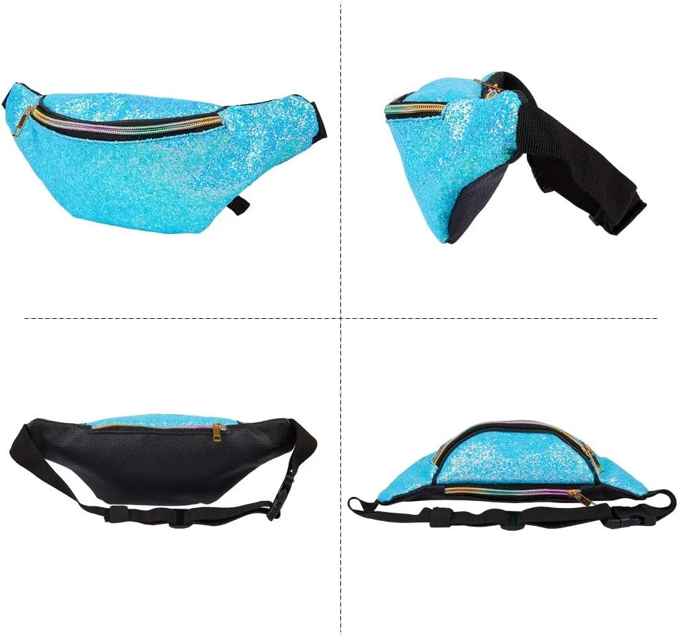 QtGirl Fanny Pack for Kids, Glitter Waist Bag Shiny Bags with Adjustable Belt for Children Sport Running, Camping, Trip