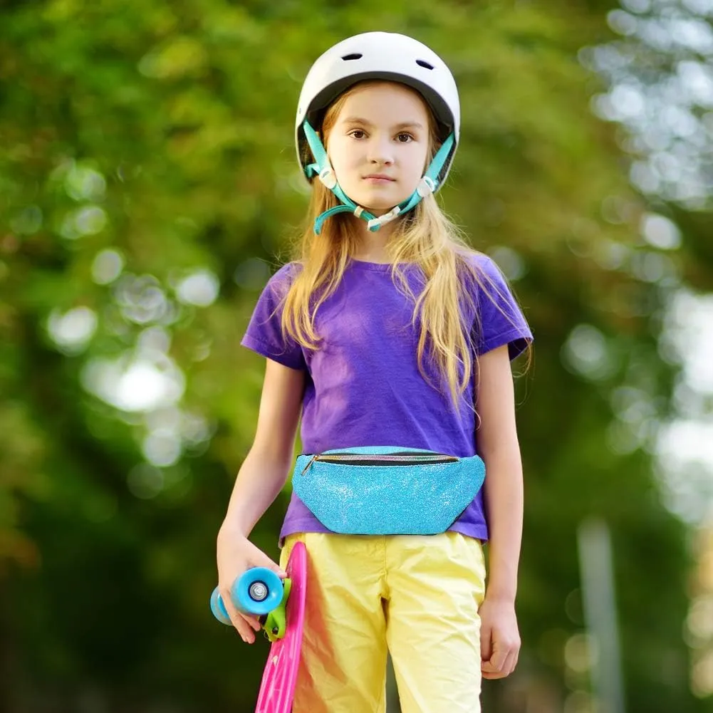 QtGirl Fanny Pack for Kids, Glitter Waist Bag Shiny Bags with Adjustable Belt for Children Sport Running, Camping, Trip