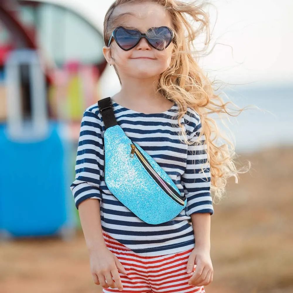 QtGirl Fanny Pack for Kids, Glitter Waist Bag Shiny Bags with Adjustable Belt for Children Sport Running, Camping, Trip