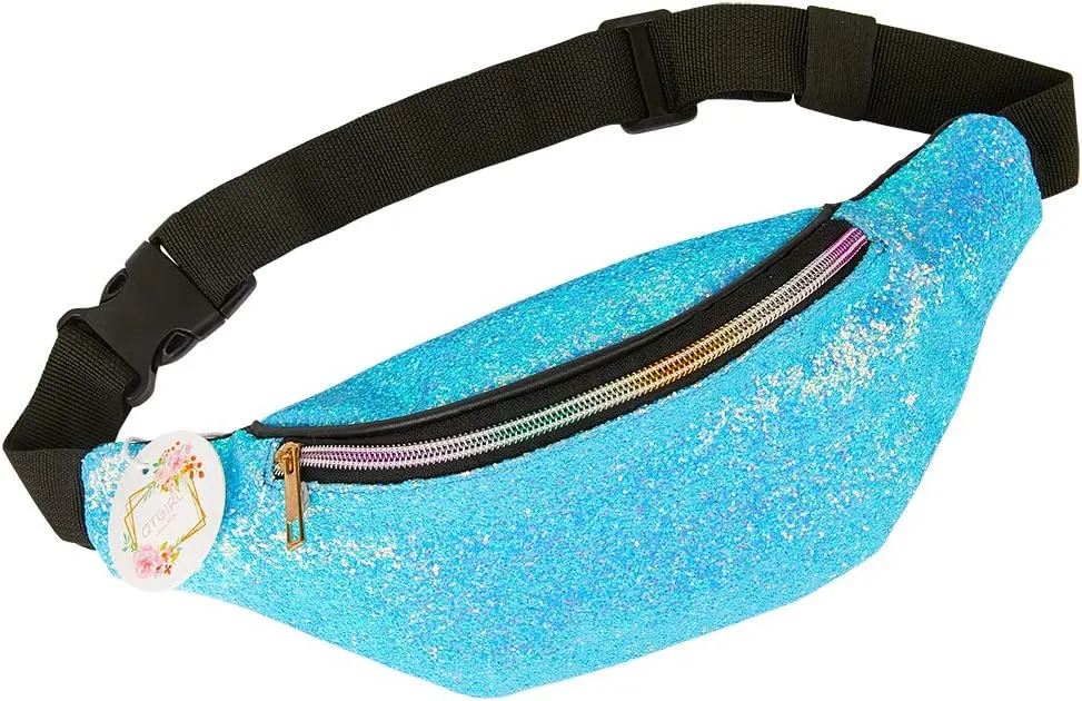 QtGirl Fanny Pack for Kids, Glitter Waist Bag Shiny Bags with Adjustable Belt for Children Sport Running, Camping, Trip