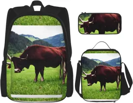Real Swiss Cow Brown print 3-Piece Casual Backpack Set (Backpack   Waist Bag   Small Pouch), Unisex Daypack