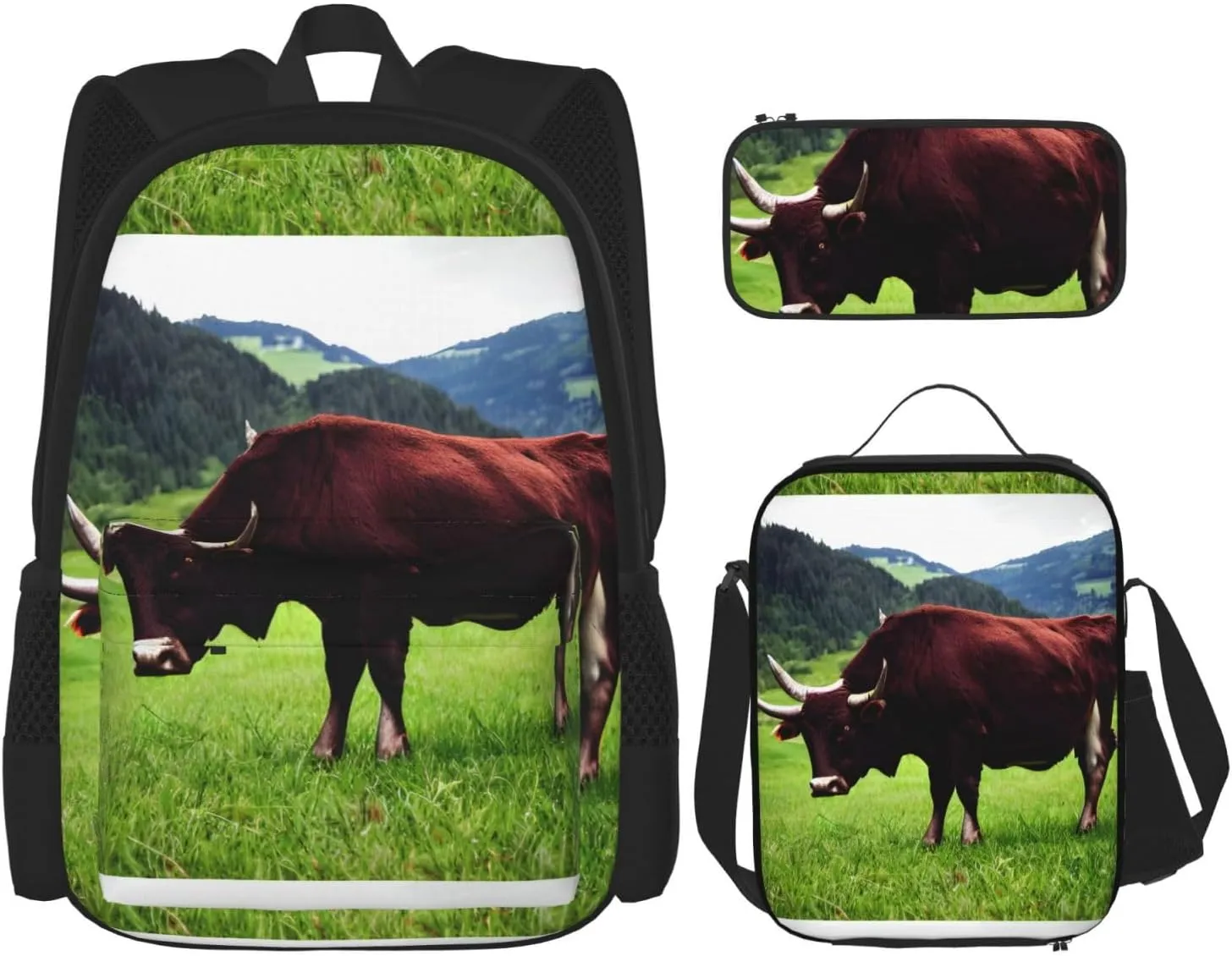 Real Swiss Cow Brown print 3-Piece Casual Backpack Set (Backpack   Waist Bag   Small Pouch), Unisex Daypack