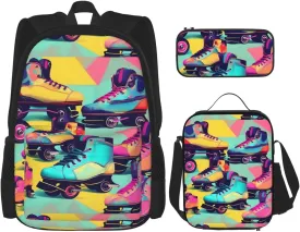 Retro Roller Skates Colorful print 3-Piece Casual Backpack Set (Backpack   Waist Bag   Small Pouch), Unisex Daypack