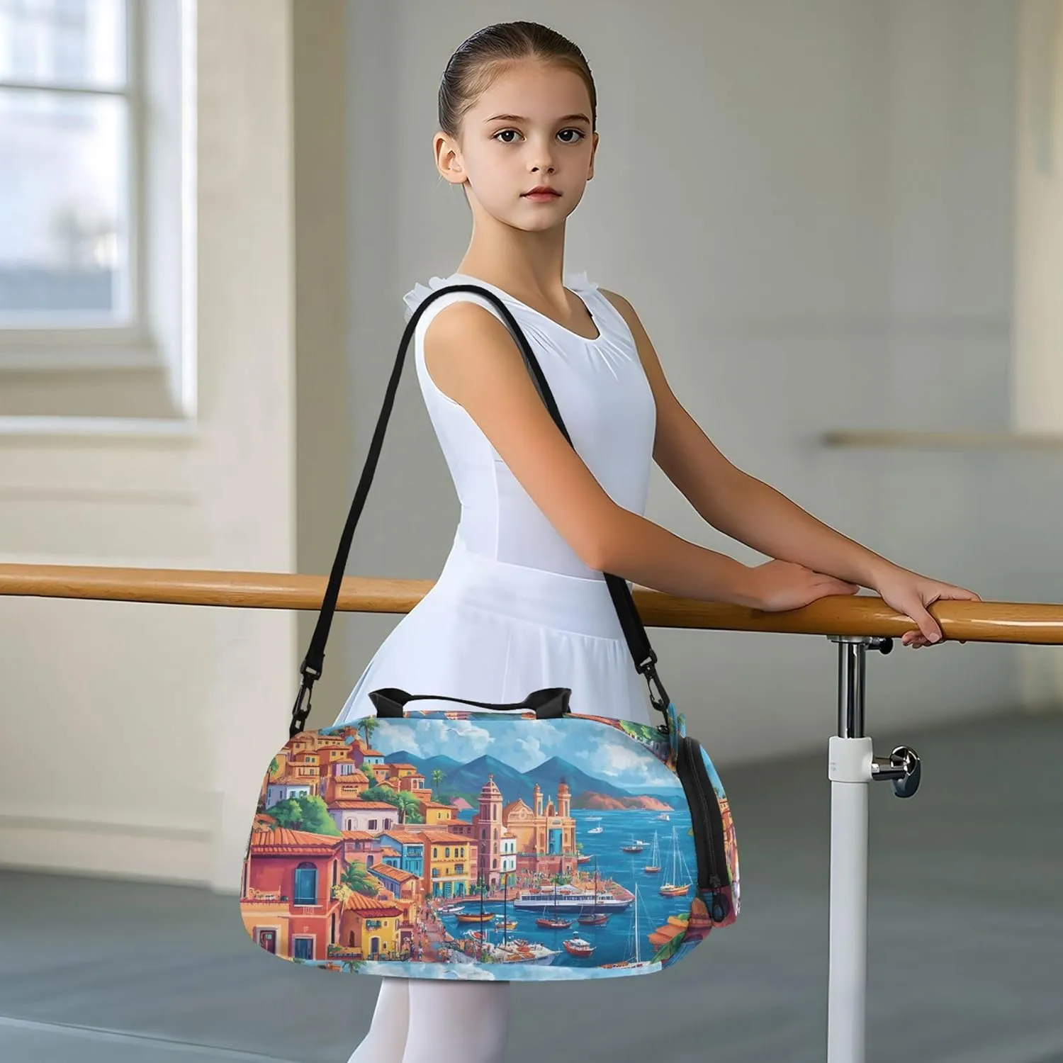 Riviera Seaside Village Colorful Girls Duffle Bags for Travel Weekend Duffel Overnight Carry on Duffel for Boys Dance Kids Luggage