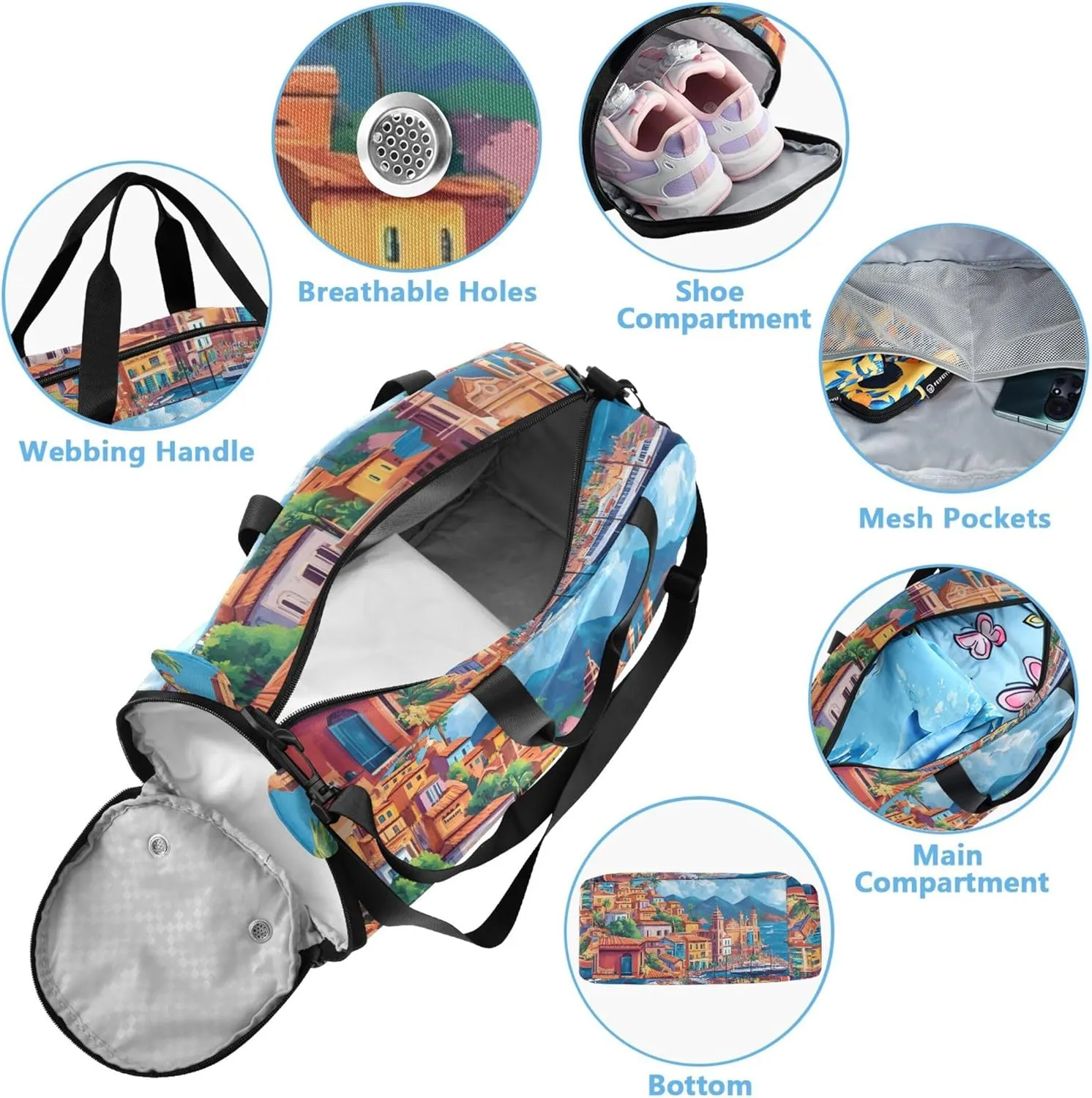 Riviera Seaside Village Colorful Girls Duffle Bags for Travel Weekend Duffel Overnight Carry on Duffel for Boys Dance Kids Luggage