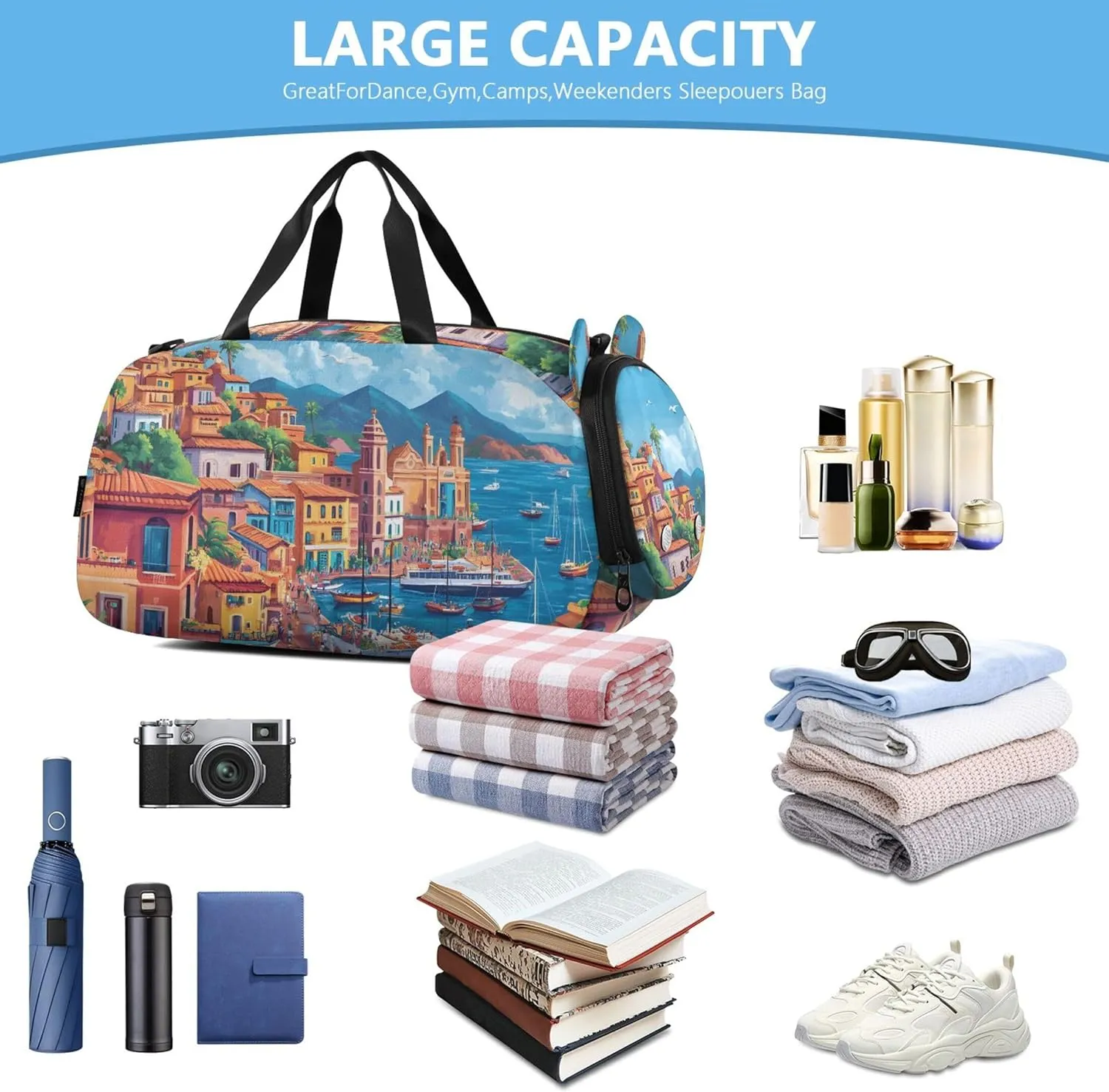 Riviera Seaside Village Colorful Girls Duffle Bags for Travel Weekend Duffel Overnight Carry on Duffel for Boys Dance Kids Luggage