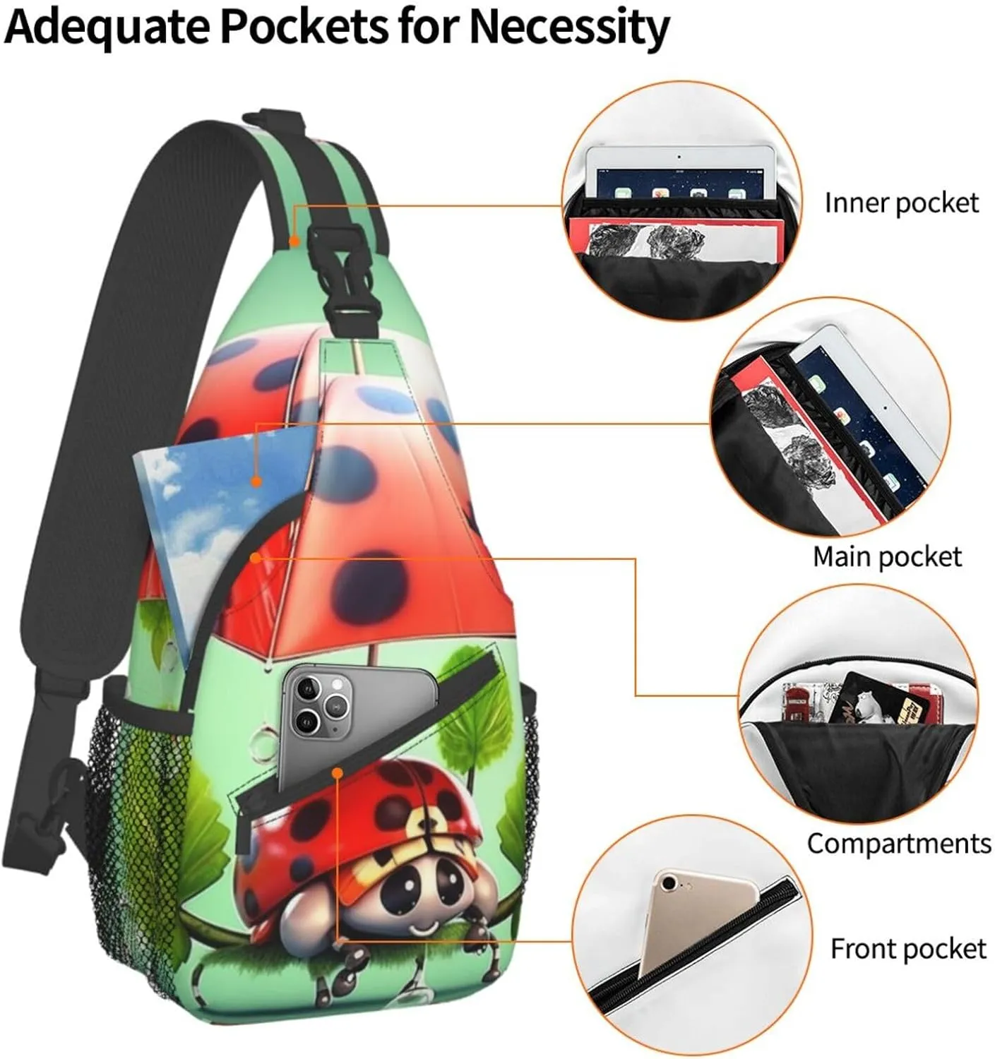 Sling Bag for Women Men Funny Ladybug Holding Umbrellas Cross Chest Bag Diagonally Casual Fashion Travel Hiking Daypack